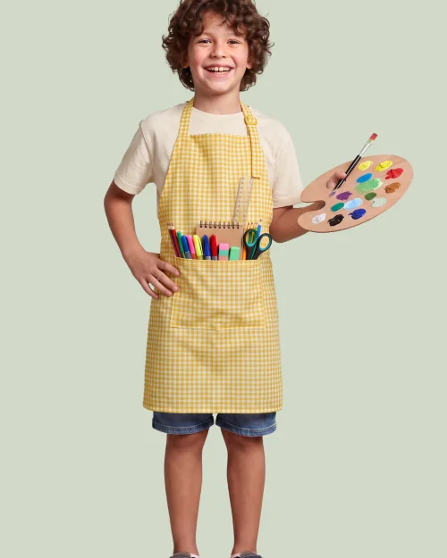 Sarı Beyaz Pamuk Polyester Çocuk Mutfak Etkinlik Önlüğü 52x48